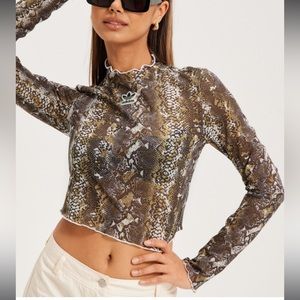 Adidas Snakeskin Mesh Crop Top XS Y2K Sheer Mock Neck NWT
